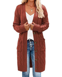 Solid V-Neck Single-Breasted Loose Long Knit Cardigan