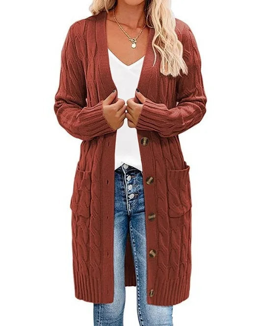 Solid V-Neck Single-Breasted Loose Long Knit Cardigan