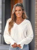 Lace Back Trumpet Sleeve V-Neck Blouse