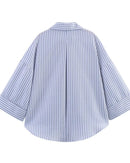 Casual Rolled-Up Wide-Sleeve Striped Shirt