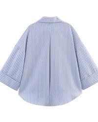 Casual Rolled-Up Wide-Sleeve Striped Shirt