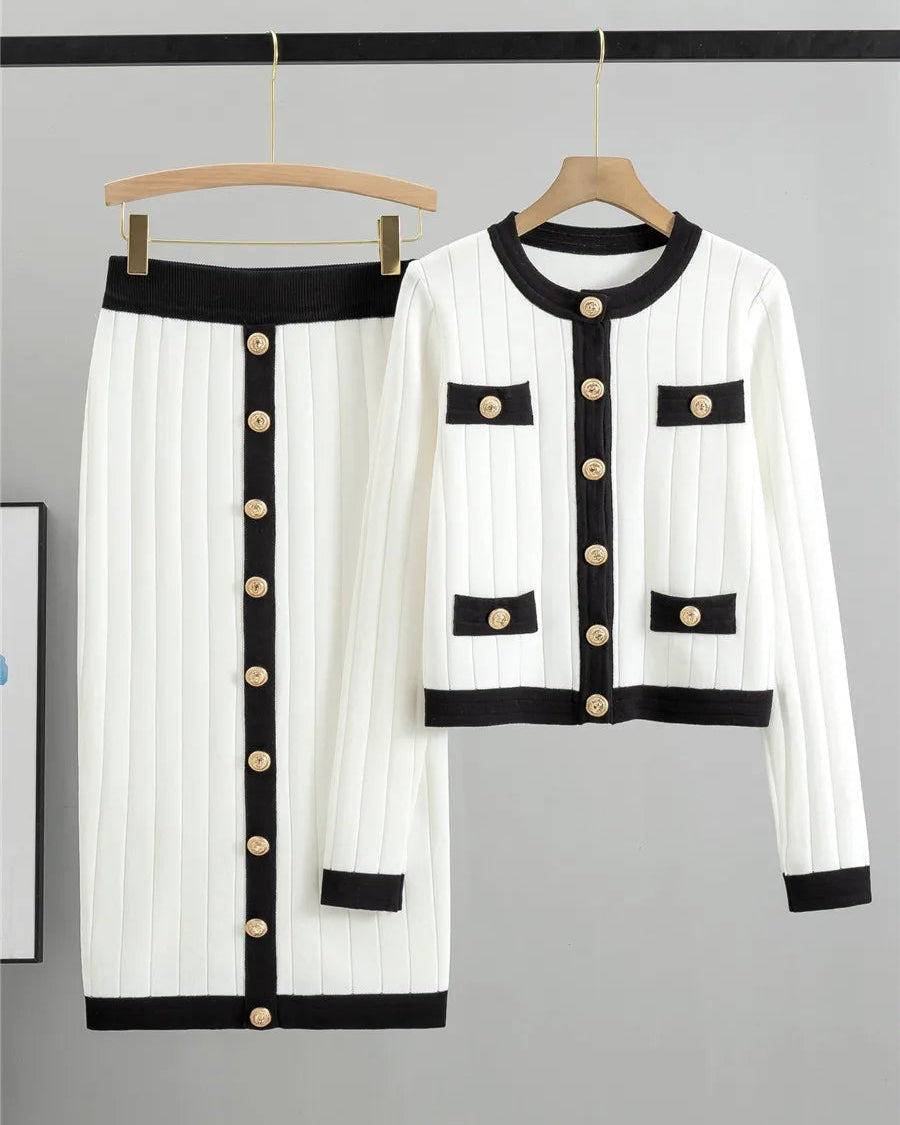 O-Neck Knit Cardigan & Pencil Skirt 2-Piece Set