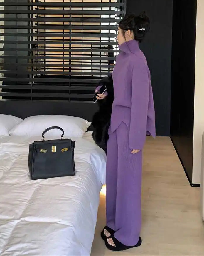 Turtleneck Knit Sweater & Wide-Leg Pants Two-Piece Set