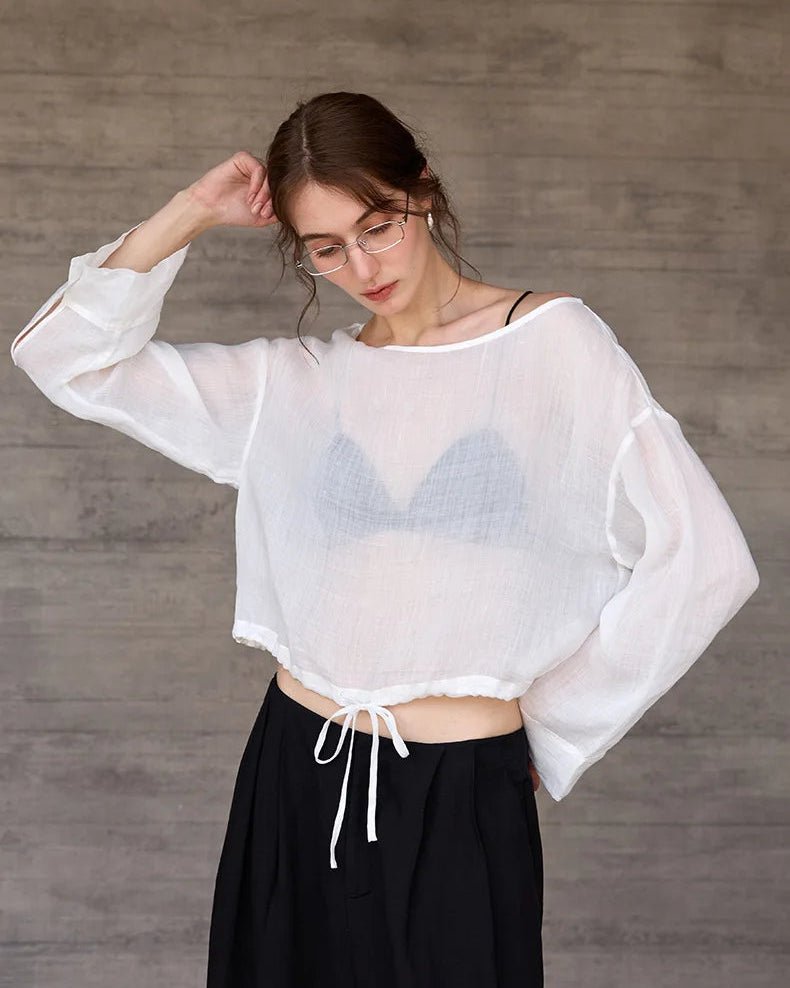 Ramie Crew Neck Long Sleeve Drawstring T-Shirt