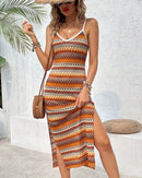 Geometric striped knit cami maxi dress with V-neck, high side split and slim stretch fit. Soft polyester blend — bohemian beach and vacation style for summer.