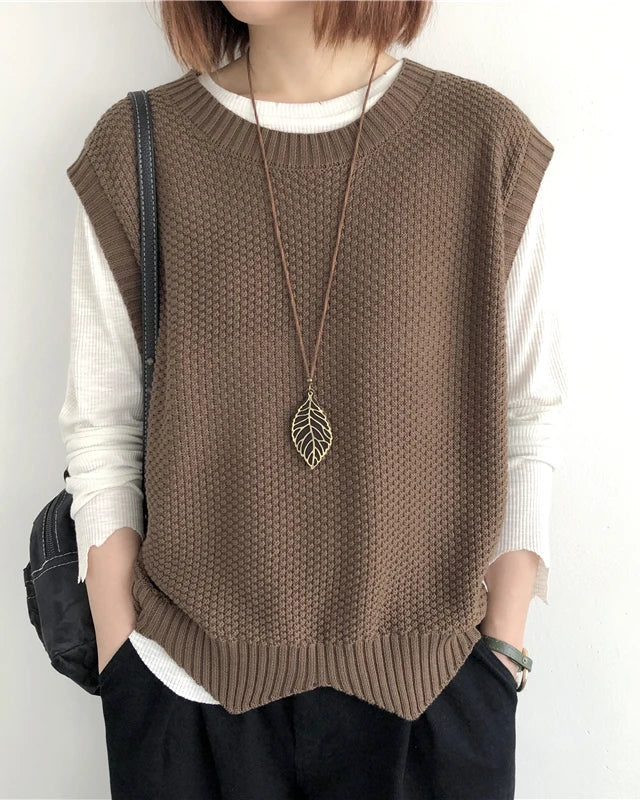 Loose-Knit Cotton Crew-Neck Vest