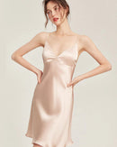 Women’s silk v-neck nightgown in champagne, sleeveless with thin spaghetti straps, mini length for summer sleepwear.