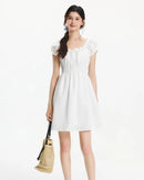 Square Neckline Bow-Trimmed Lace Mini Dress