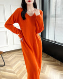 Wool V-Neck Long Sweater Dress
