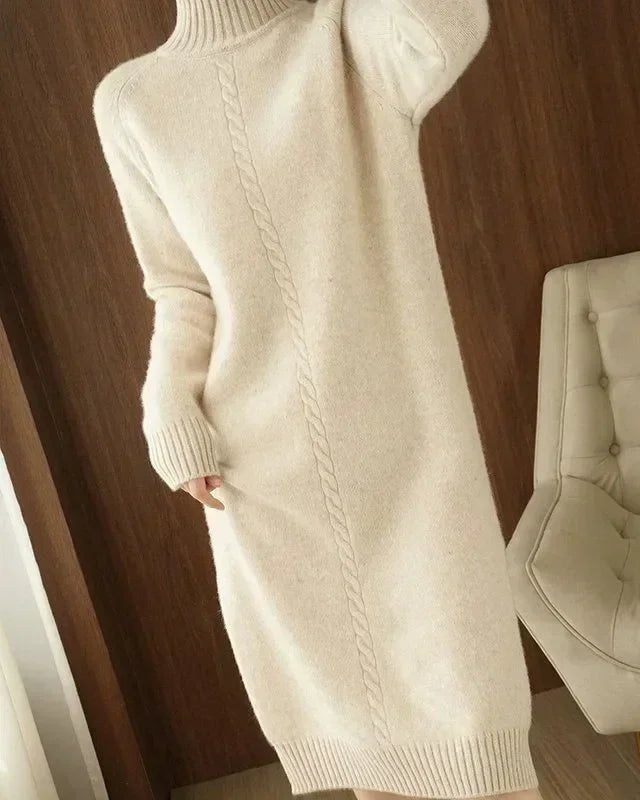 High-Neck Over-The-Knee Wool Dress