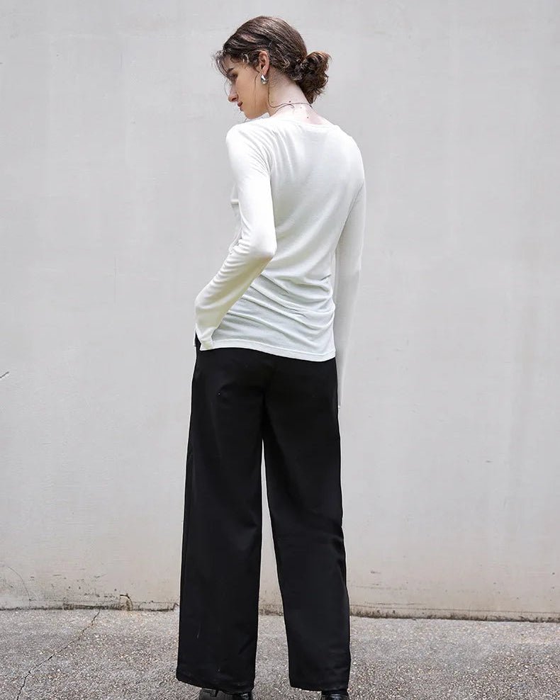 Crew Neck Long-Sleeved Irregular Slit T-Shirt