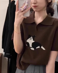 Cat-Pattern Collared Wool Knit Top