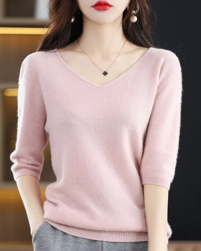Merino Wool V-Neck Short Sleeve Pullover