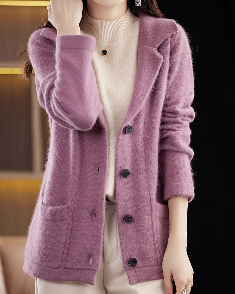Mink Cashmere Tailored-Collar Knit Cardigan