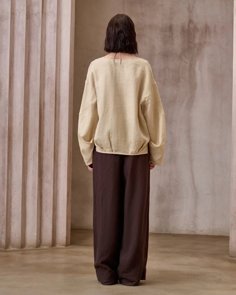 Fashionable Linen U-Neck Long-Sleeved Shirt