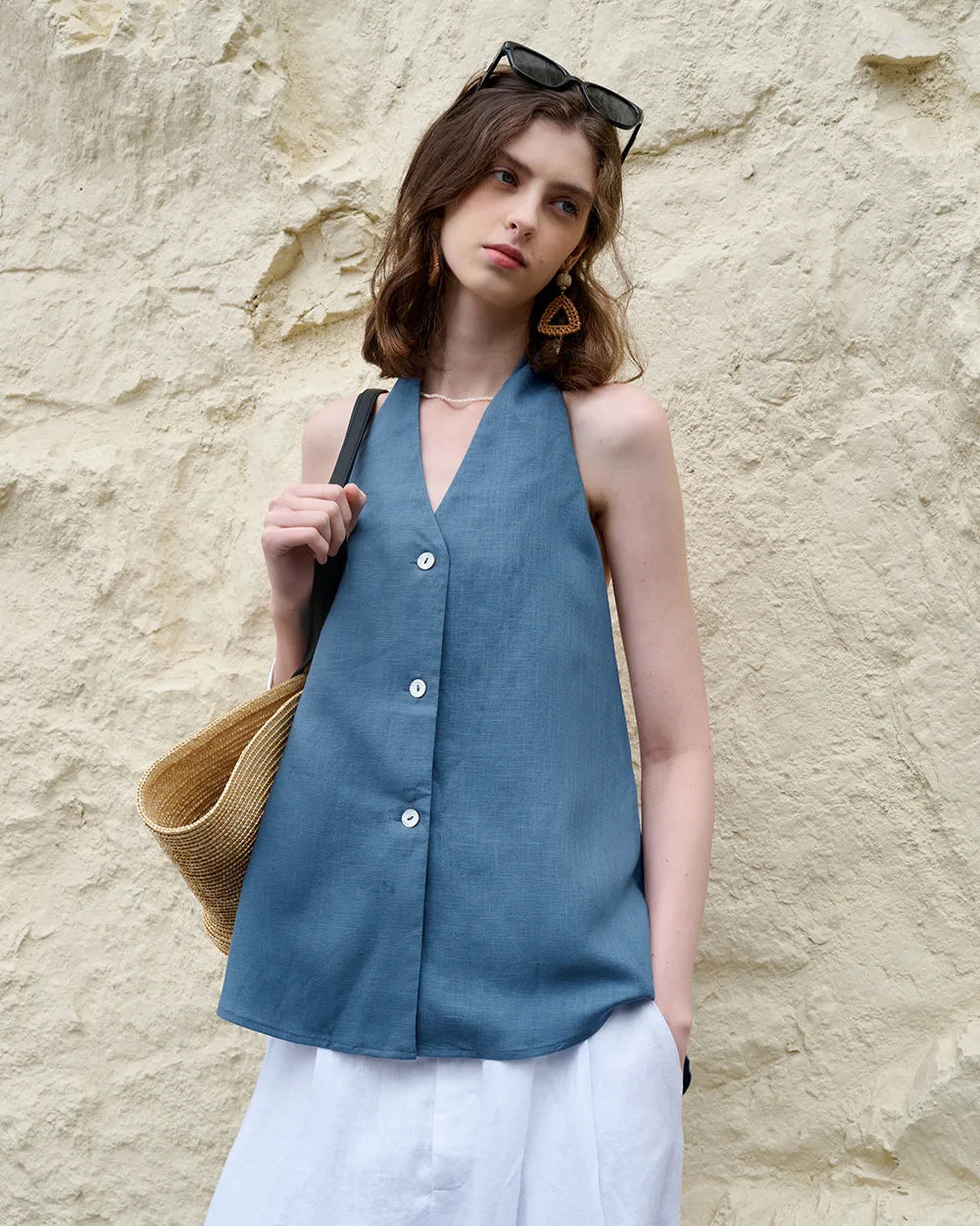 Elegant Linen V-Neck Backless Sleeveless Vest