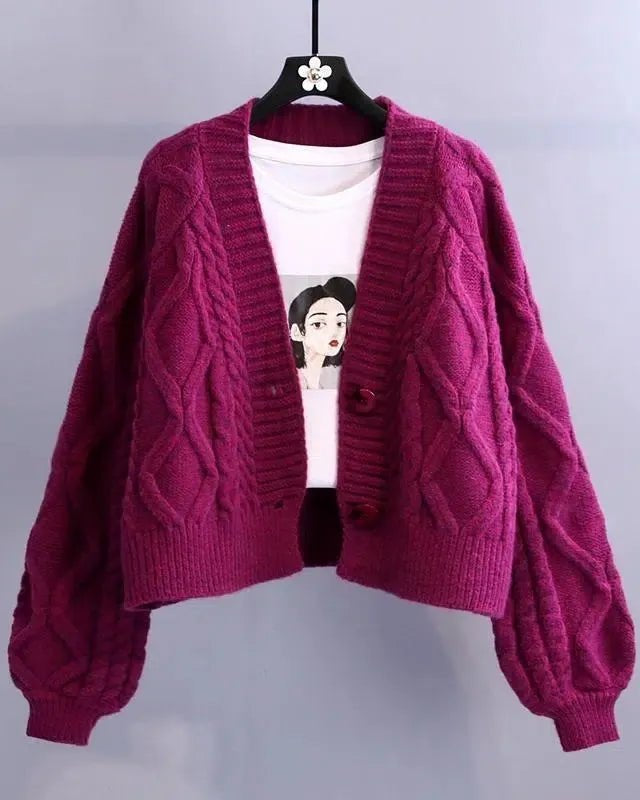 Women's Twist short V-neck knitted cardigan featuring a single-breasted button closure, medium stretch acrylic blend fabric, and a flattering twist detail, perfect for adding effortless charm to office or casual air-conditioned environments.