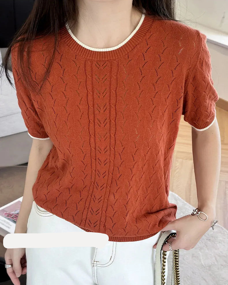 Pure Cotton Herringbone Knit Short-Sleeve T-Shirt