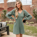 Long Sleeve V-Neck Mini Knitted Dress