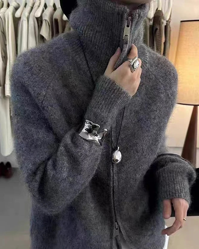 100% wool turtleneck double-zip loose thick knit cardigan. Extra-heavy, medium stretch, and luxuriously warm — a premium autumn winter coat for women.