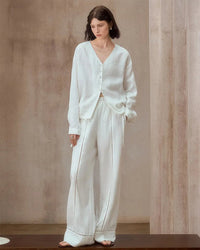 Loose V-Neck Button-Down Long-Sleeved Shirt