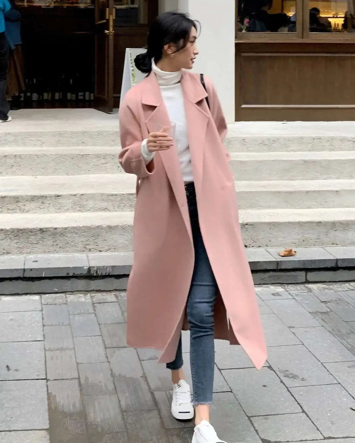 Women's Long Belted Lapel Coat