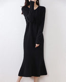 Wool Round-Neck Rolled-Hem Mermaid Long Dress