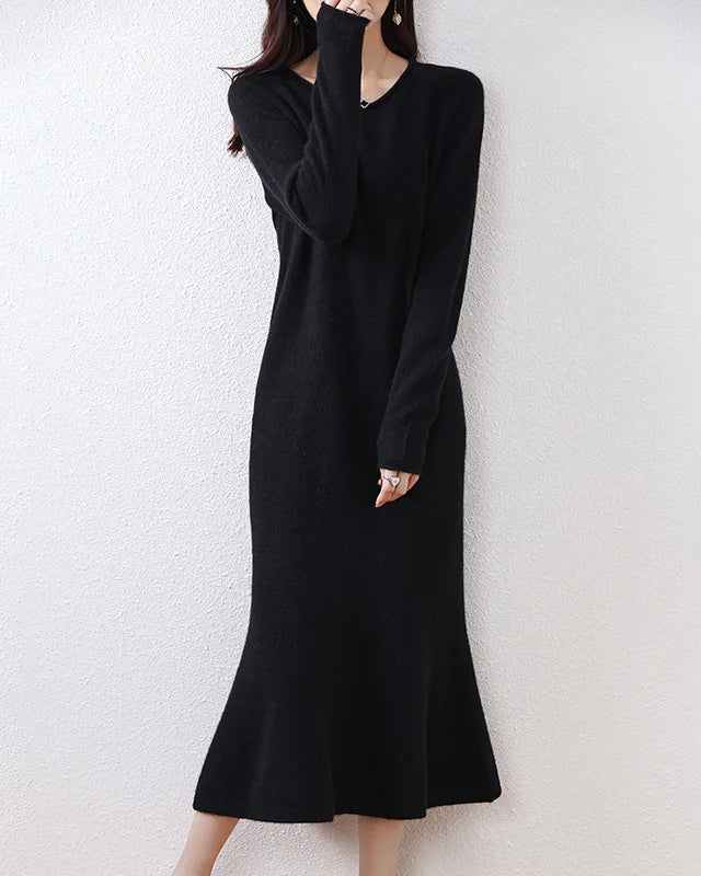 Wool Round-Neck Rolled-Hem Mermaid Long Dress