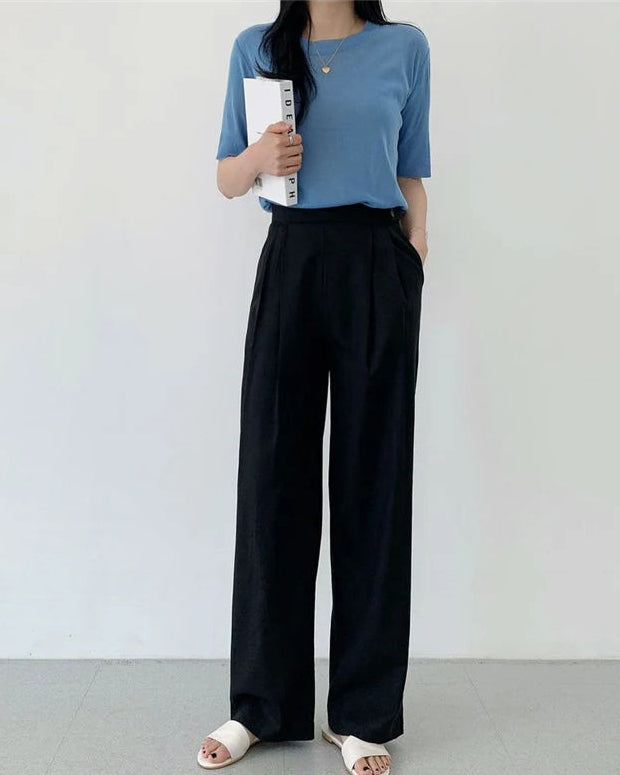 High-Waisted Cotton-Linen Straight Leg Pants