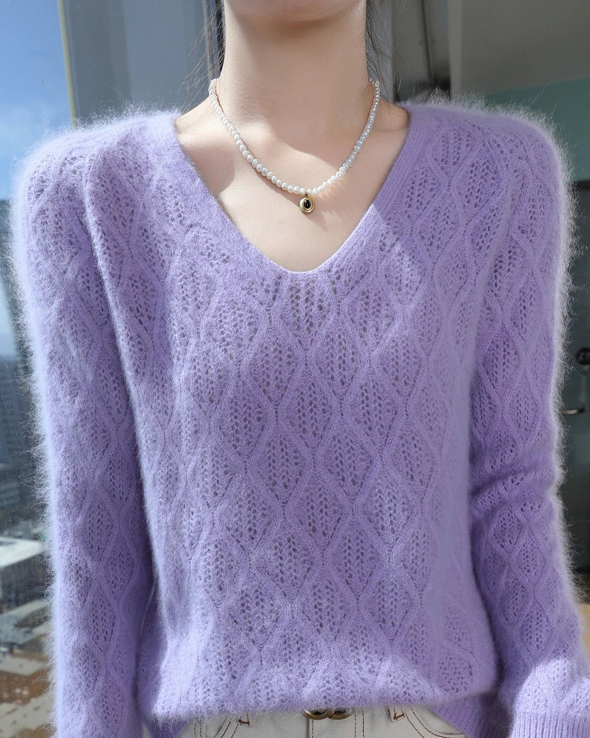 Openwork Mink Cashmere V-Neck Sweater