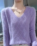Openwork Mink Cashmere V-Neck Sweater