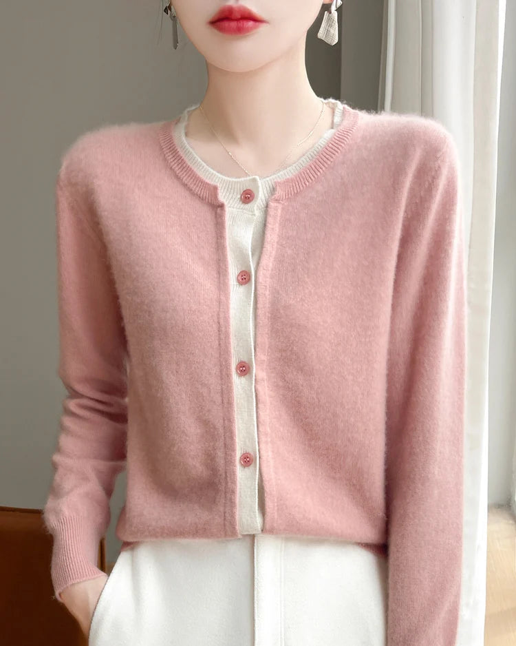 Merino Wool Solid O-Neck Button Knit Cardigan
