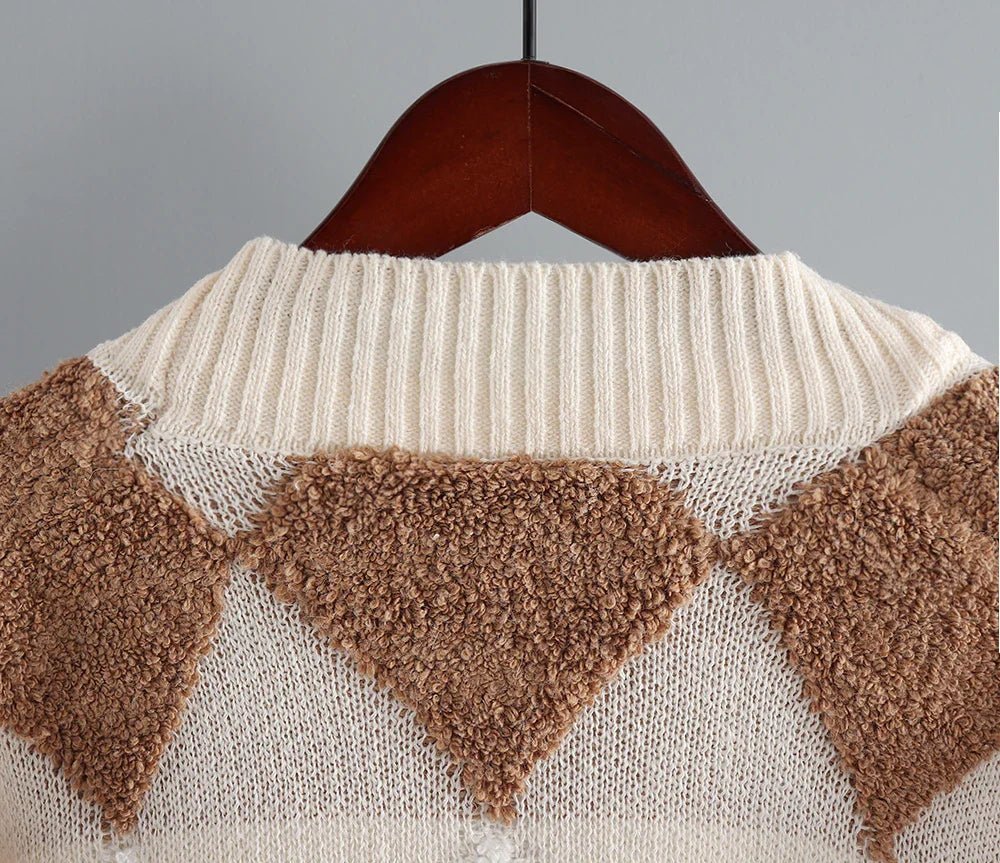 Fleece Patchwork Vintage V-Neck Short Cardigan