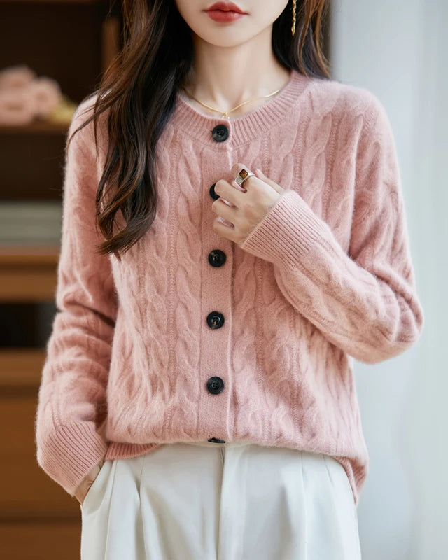 Wool O-Neck Twisted Single-Breasted Cardigan Sweater