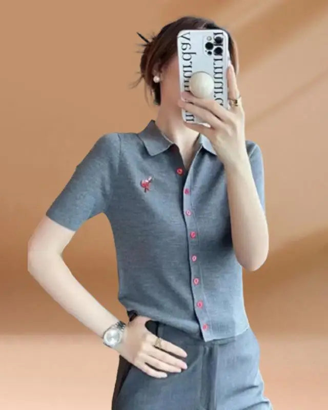 Polo-Collar Slim Knit Short-Sleeve Top