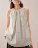 Women's Striped Embroidered sleeveless blouse crafted from breathable linen-blend fabric, featuring a relaxed straight fit and round neck for effortless resort elegance and summer comfort.