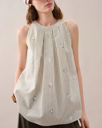 Women's Striped Embroidered sleeveless blouse crafted from breathable linen-blend fabric, featuring a relaxed straight fit and round neck for effortless resort elegance and summer comfort.