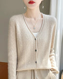Wool V-Neck Curled Twisted Hollow-Out Open Cardigan