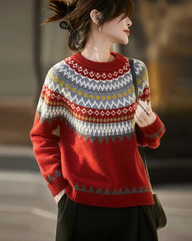 Merino Wool Geometric Round Neck Raglan Sleeve Knit Pullover