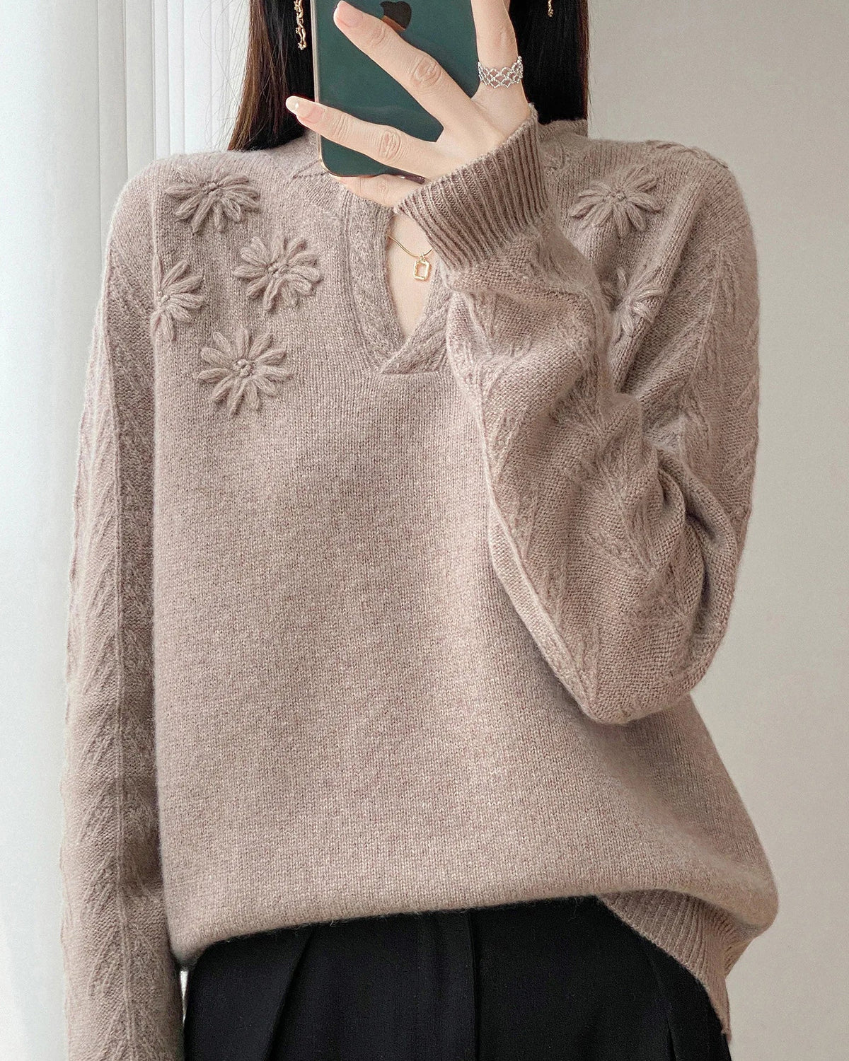 Floral-Embroidered Wool Sweater
