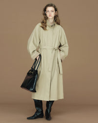 Contrast-Cuff Stand-Collar Long Trench Coat