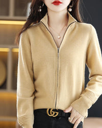 Merino Wool Solid Half-High Collar Zip Loose Knit Cardigan