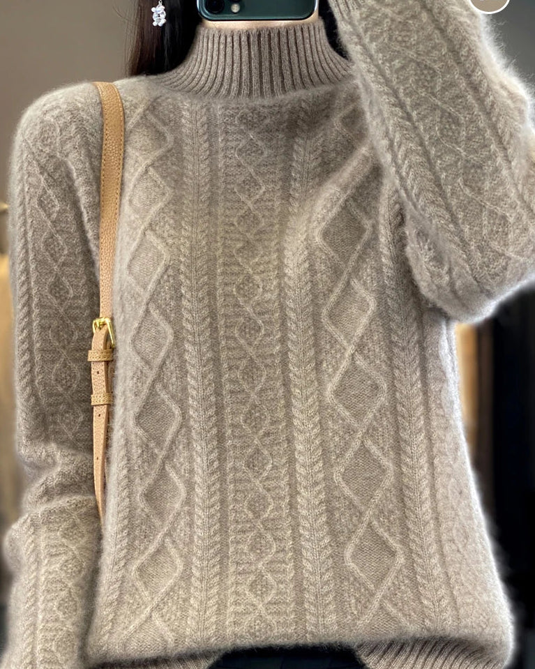 Diamond-Knit Wool Mock-Neck Sweater