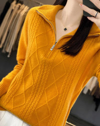 Wool Turtleneck Twisted Stripe Half-Zip Loose Pullover Sweater