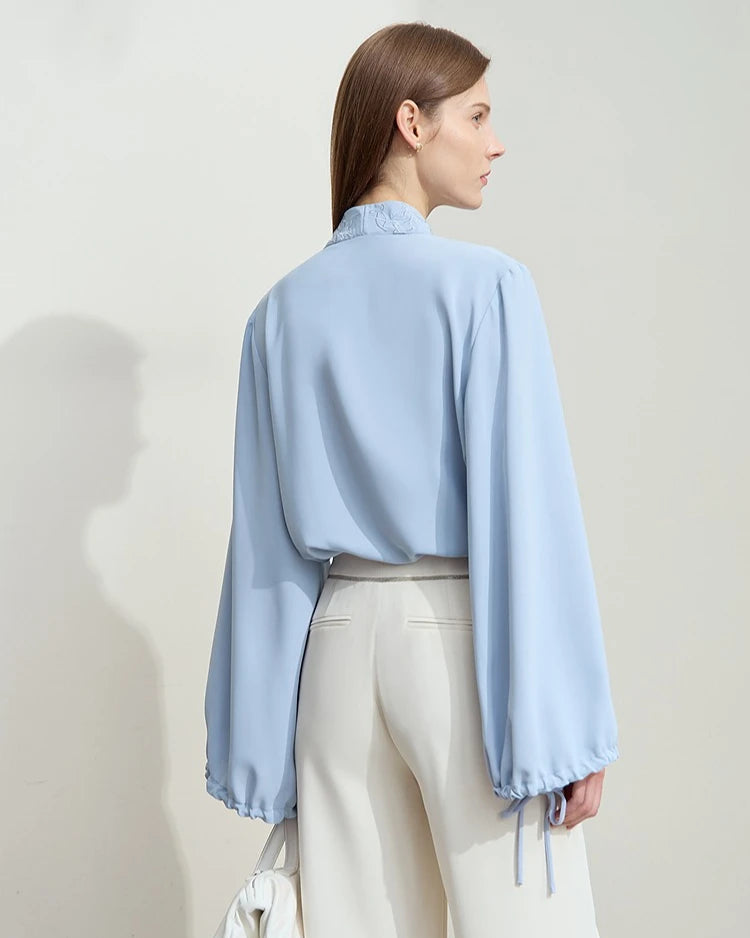 Chiffon Embroidered V-Neck Lantern Sleeve Blouse
