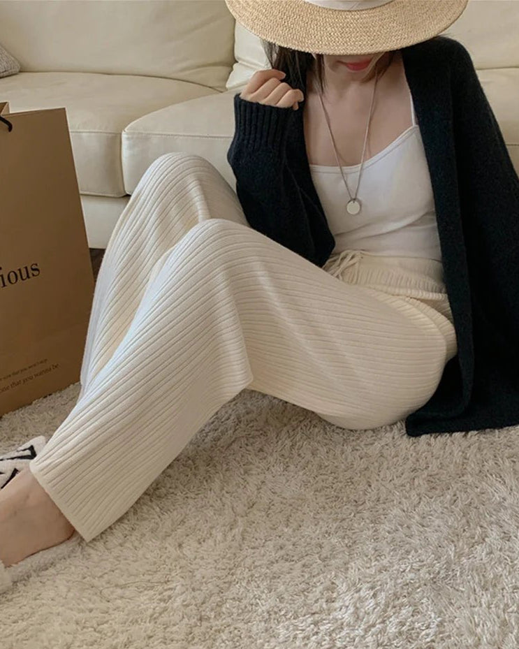 Drawstring Ribbed Knitted Wide Leg Sweatpants