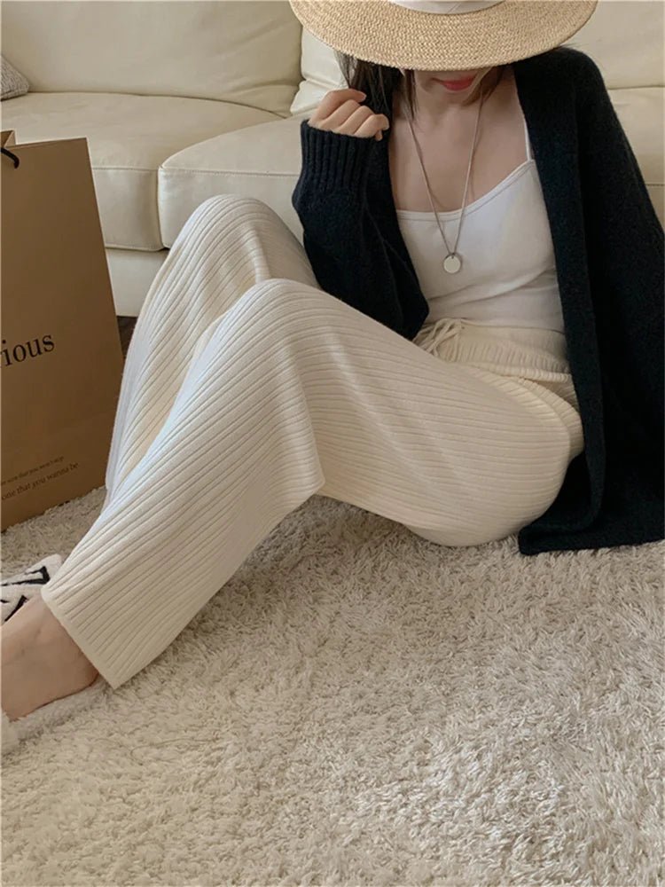 Drawstring Ribbed Knitted Wide Leg Sweatpants
