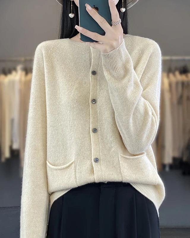 Cotton Blend Crew Neck Cardigan