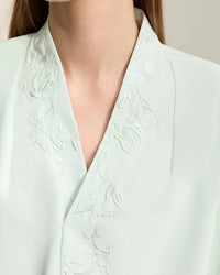 Chiffon Embroidered V-Neck Lantern Sleeve Blouse