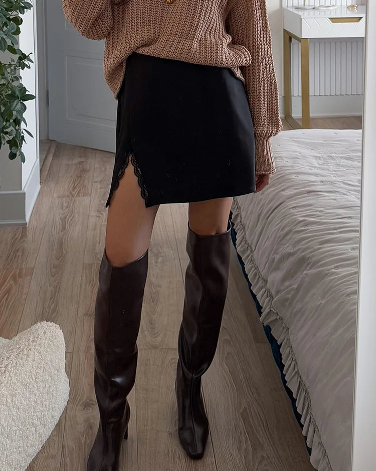 Satin Lace Trim A-Line Mini Skirt